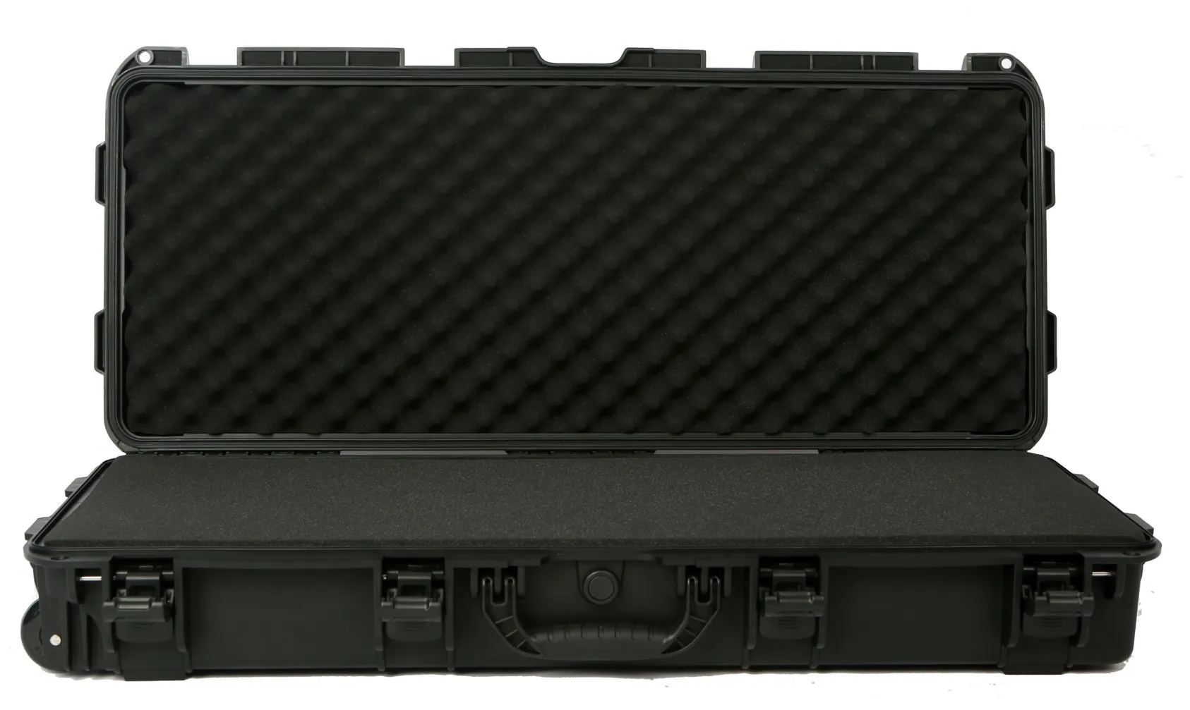 shockproof safety military heavy duty long hard plastic trolley carrying gun case