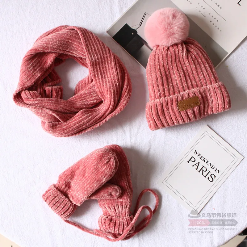 High Quality kids winter chenille set scarf Beanie hat gloves 3 PCS winter hat for women with warm fleece lining 4-8Y