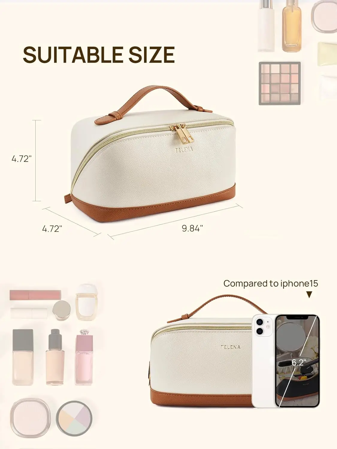 Qetesh Fashionable Portable Leather Wash Bag with Handle Flat Lying Cosmetic Bag with Divisions for Handheld Cosmetics