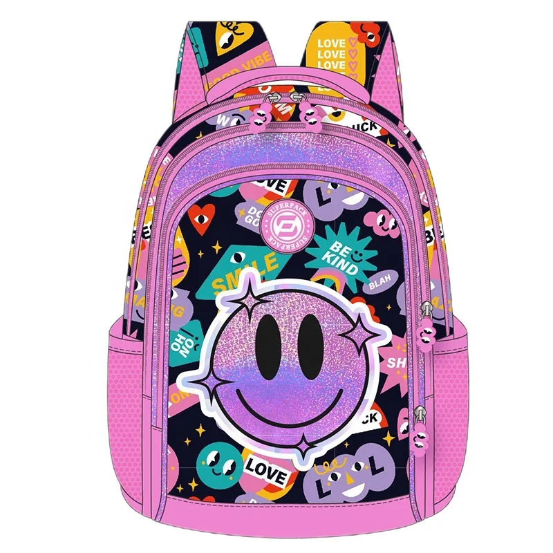 Factory KIG 2024 Designer Smile Printed Backpack Trolley Roller Bag ,Girls Backpack School Bag Sets with Strong Big Wheels