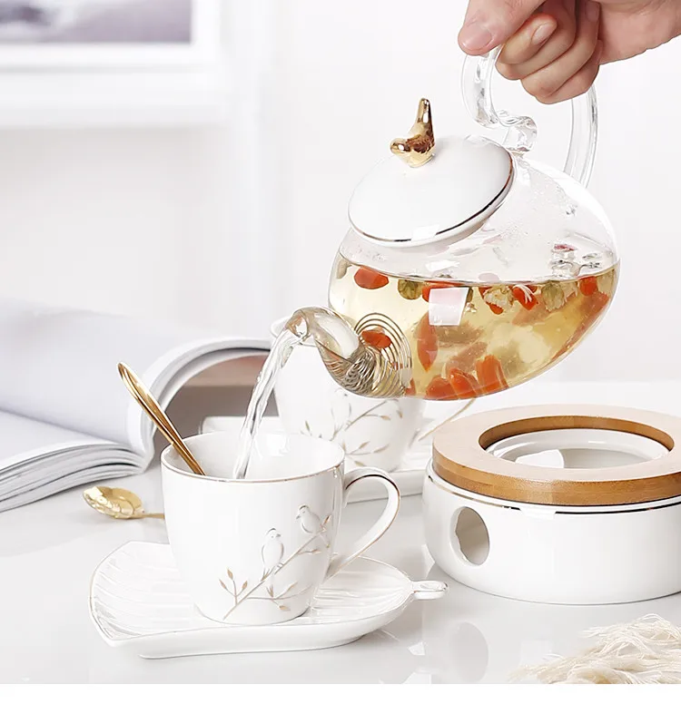 Bird design luxury drinkware glass teapot ceramic coffee cups coffee set with logo