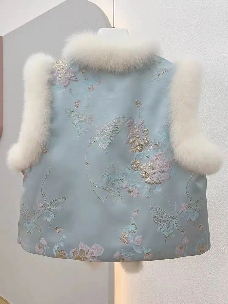 Custom Girls Plus Size waistcoat V-neck Genuine Fox Fur Vest with Denim Goose Down Cotton Filling Short Length at an Price