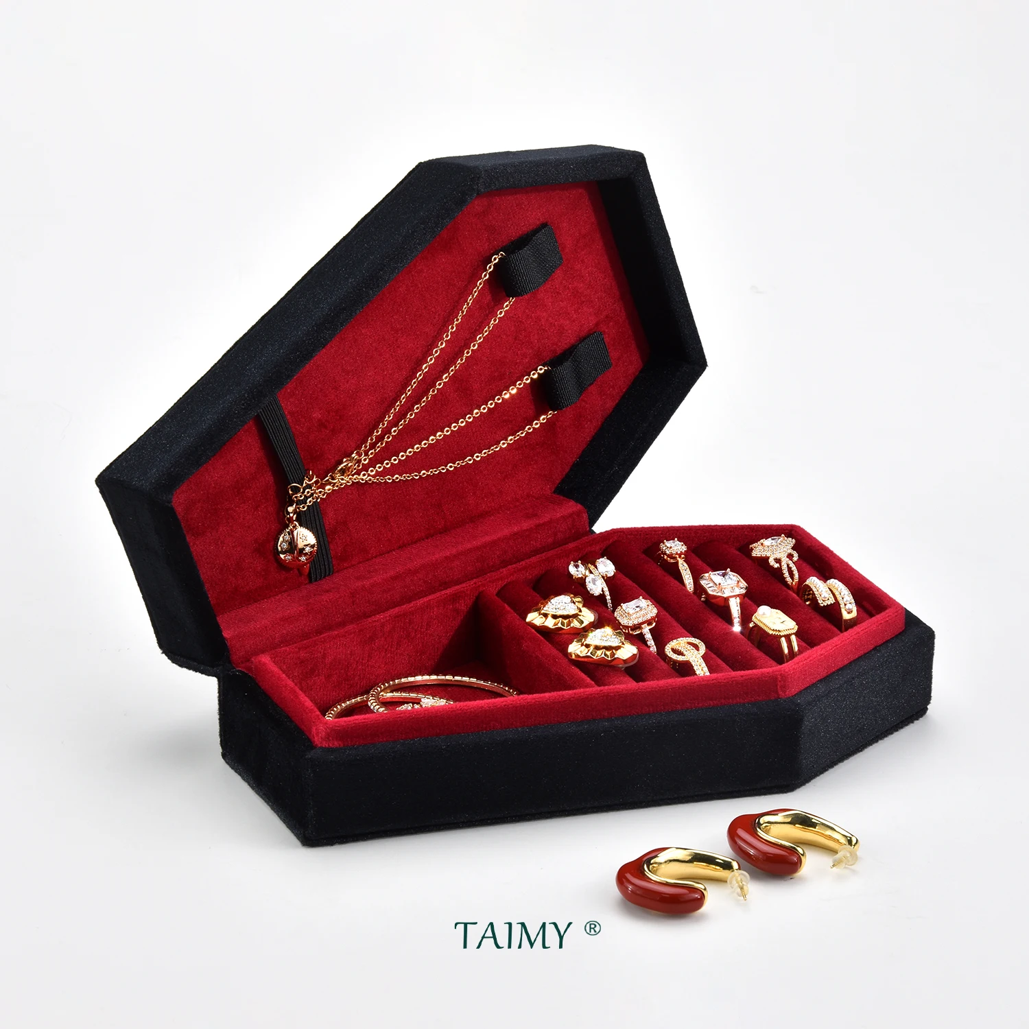 Velvet Gothic Style Coffin Shape Jewelry Box Black Casket Jewelry Storage Box Portable Earring Necklace Storage Box Logo Custom