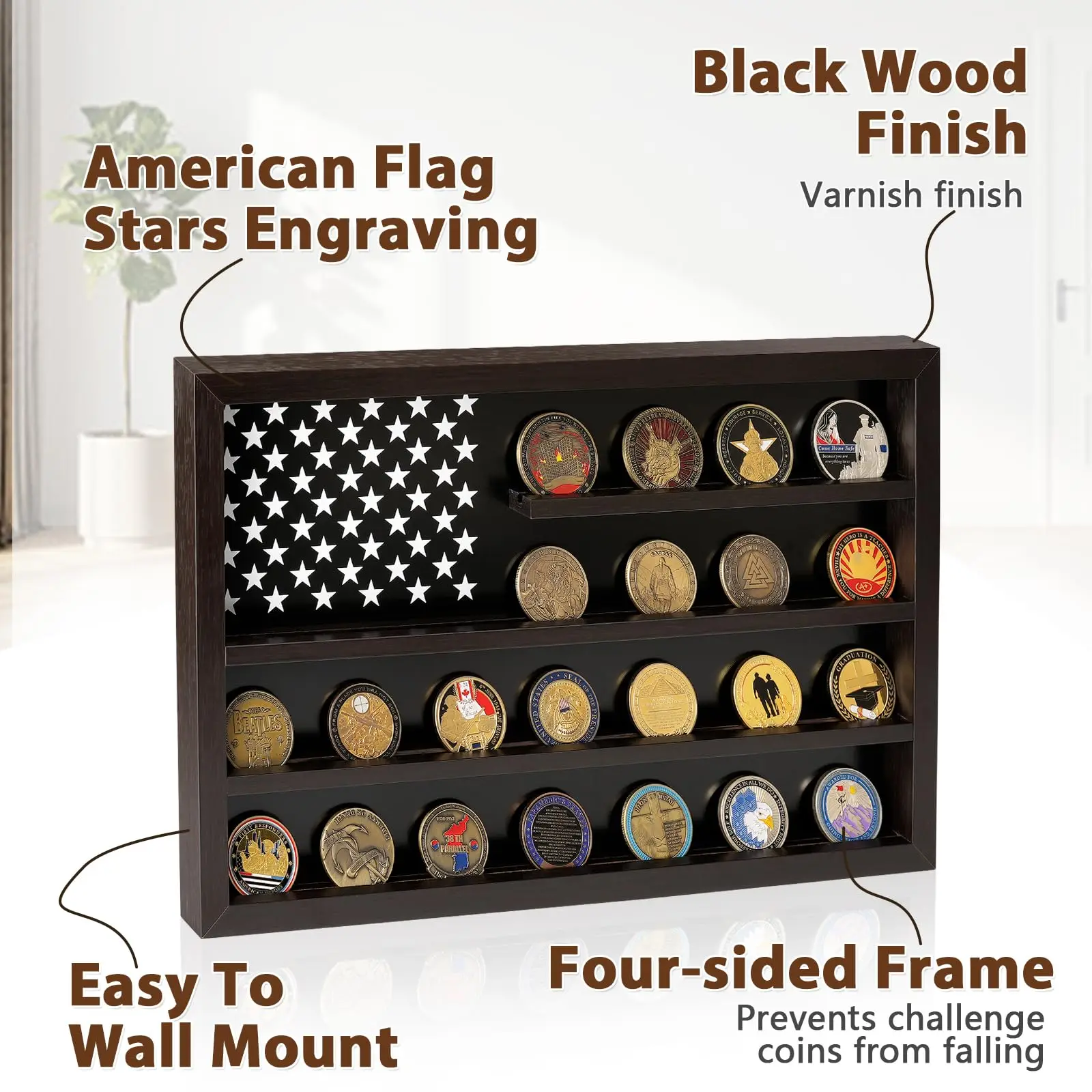 Military Challenge Coins Display Case Holder with American Flag Holds 40 Coins  Wooden Coin Stand Rack with Border