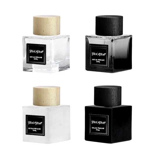 New Design Black And White 50ml Perfume Bottle 100ml Square Frosting Glass Bottle With Luxury Wooden Cover