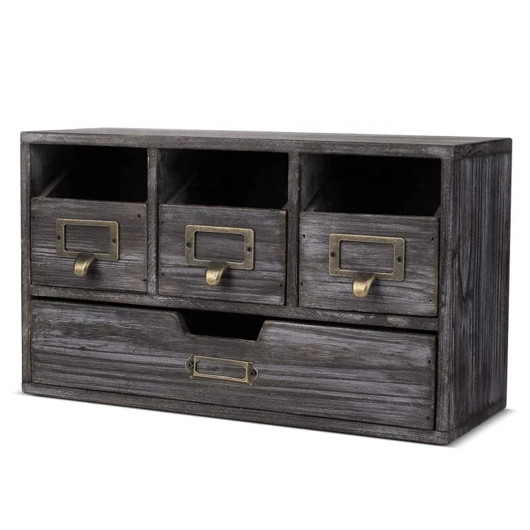 rustic torched grey make up organizer with 4 drawers