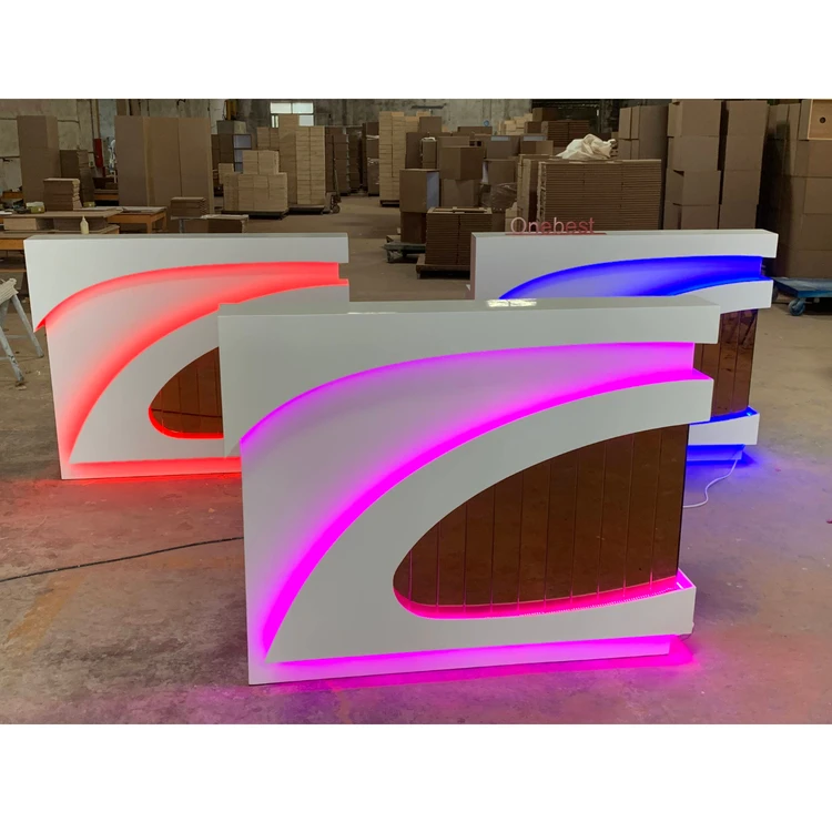 High Quality Remote Control RGB Led Small Wood Reception Desk Modern Glass Laundry Reception Front Counter