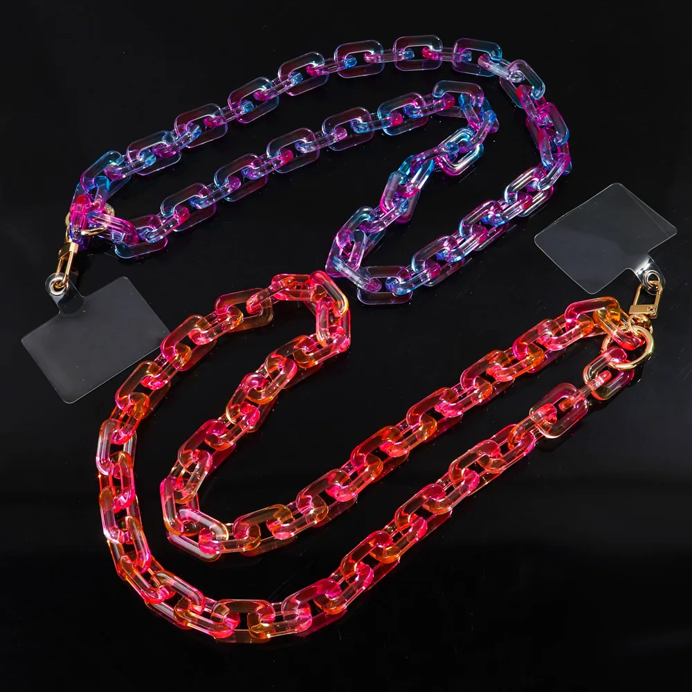 Wholesale new rainbow transparent mixed color fluorescent cute chain hanging neck long necklace 80cm acrylic Cell phone chain