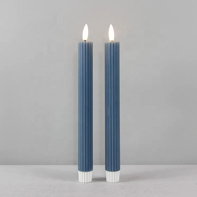 Decorative Blue Ribbed Battery Powered Candlestick Striped LED Flameless Taper Candle with 3D Real Flame