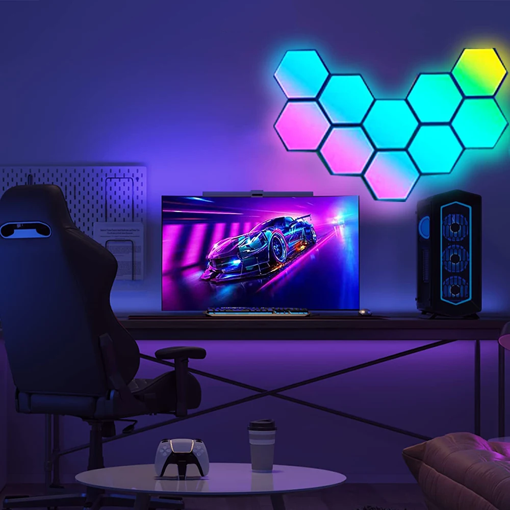 JEJA Rainbow Gaming Room Desk Ambient Led Lights 16 Million Dream Colors Hexagonal Led Wall Lights Music Sync RGB Wall Panels