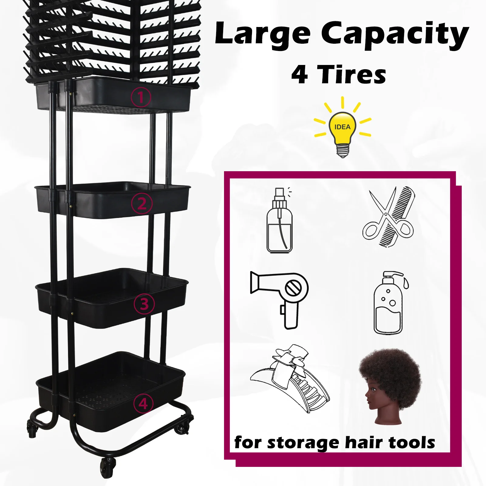 Braiding Hair Rack with 196 Pegs Braiding Rack with 4 Levels of Storage Space 4 Wheels Hair Racks for Braiders Standing