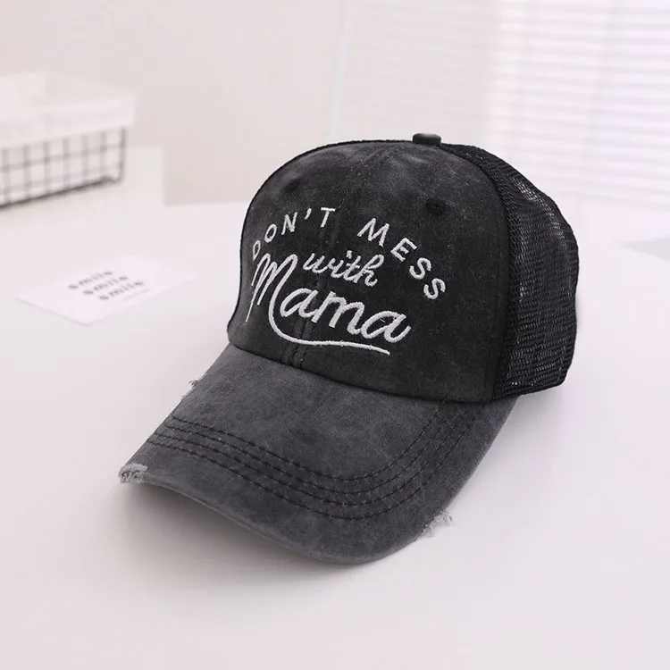 Embroidered pattern cotton ladies fitted baseball cross mesh ponytail hat Trucker hats