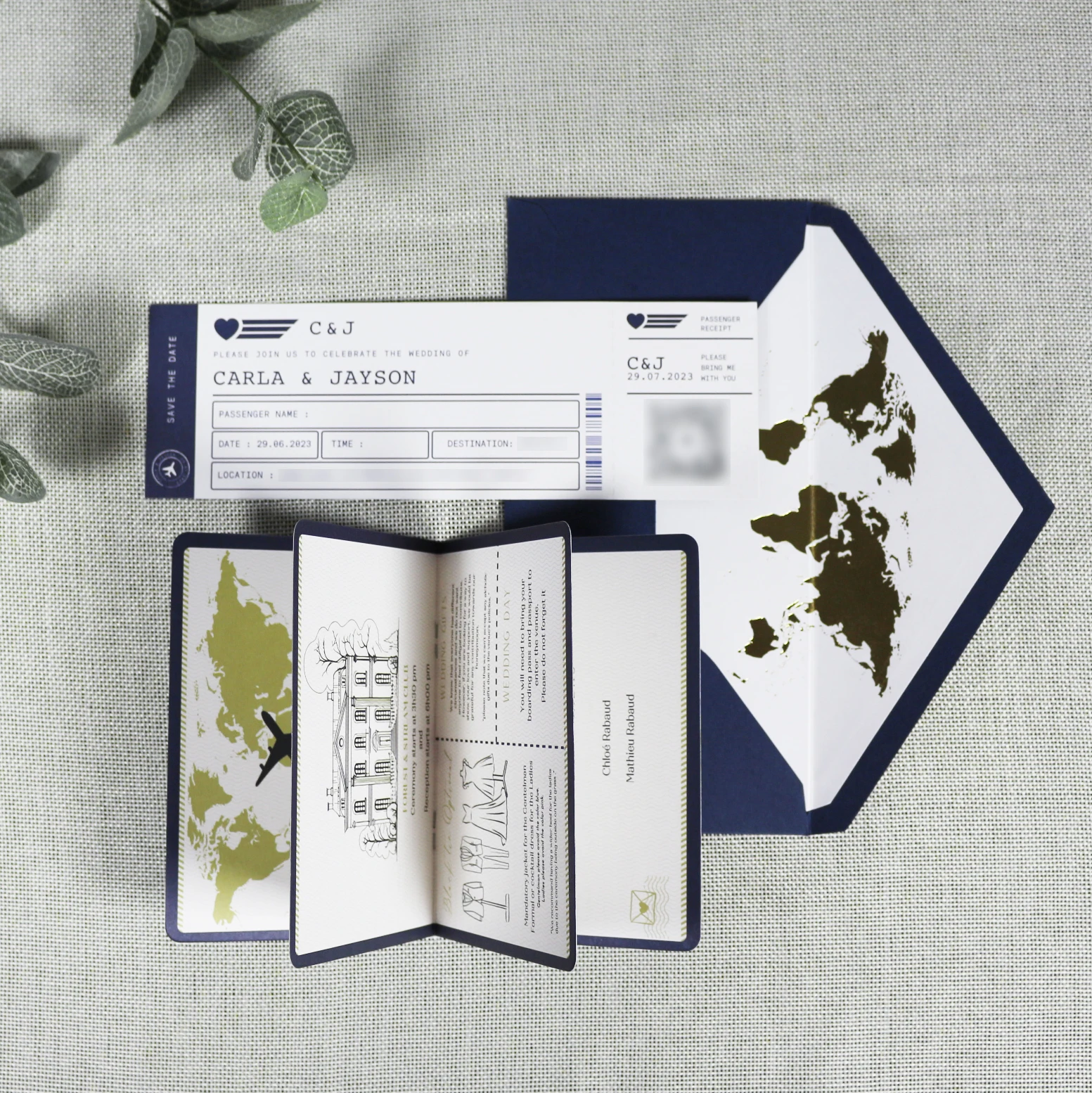 Fancy Navy Blue Wedding Destination Passport Gold World Map Invitation with Boarding Pass Card and Envelope