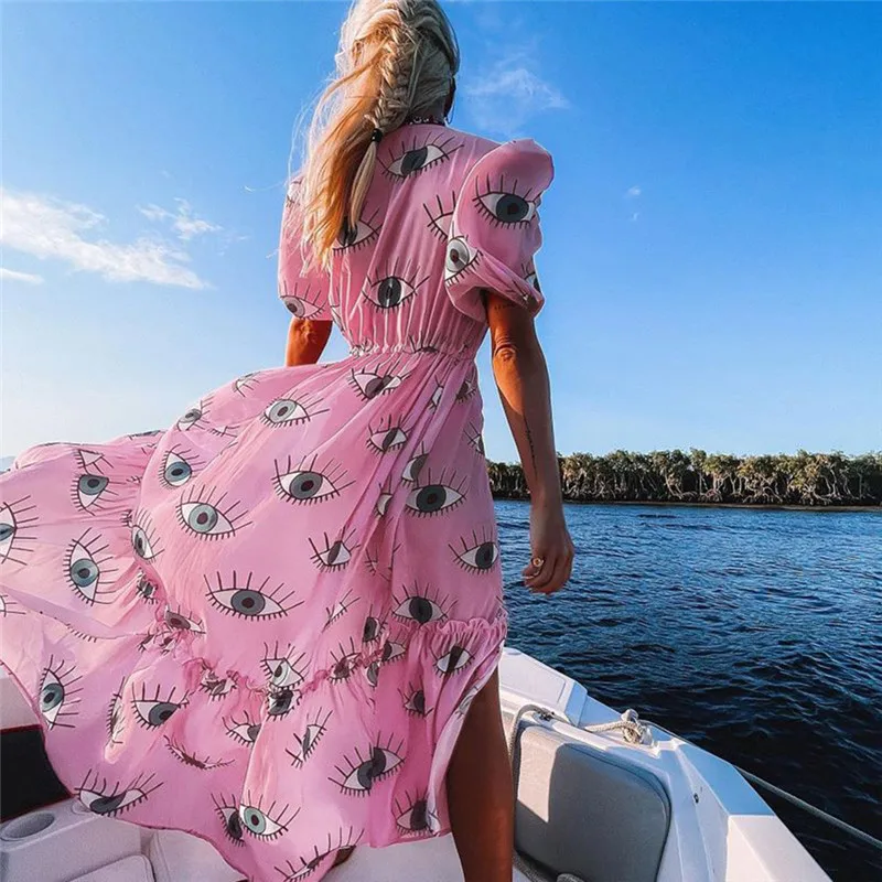 Beautiful Devil Eyes Print Big Swing Hem Maxi Long Cardigan Tie Waist Dress For Women Summer Short Sleeve Bikini Cover Up Beach