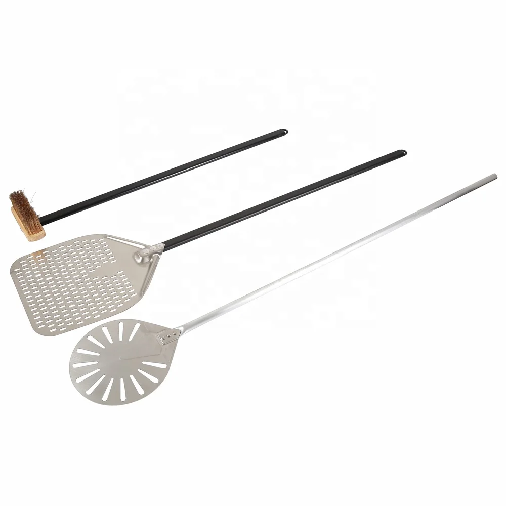 Professional Anodized Aluminum Perforated Pizza Peel Shovel and Round Turning Peel Pizza Oven Brush Baking Tool Set