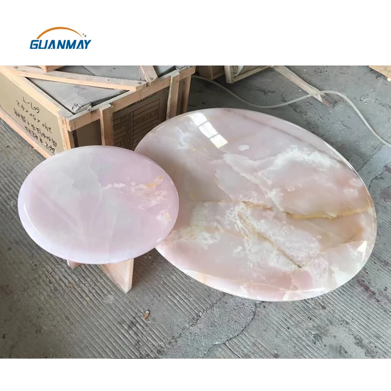 Guanmay Custom Luxury Home Furniture 2 Pieces Marble Stone Pink Onyx Round Marble Coffee Table Set