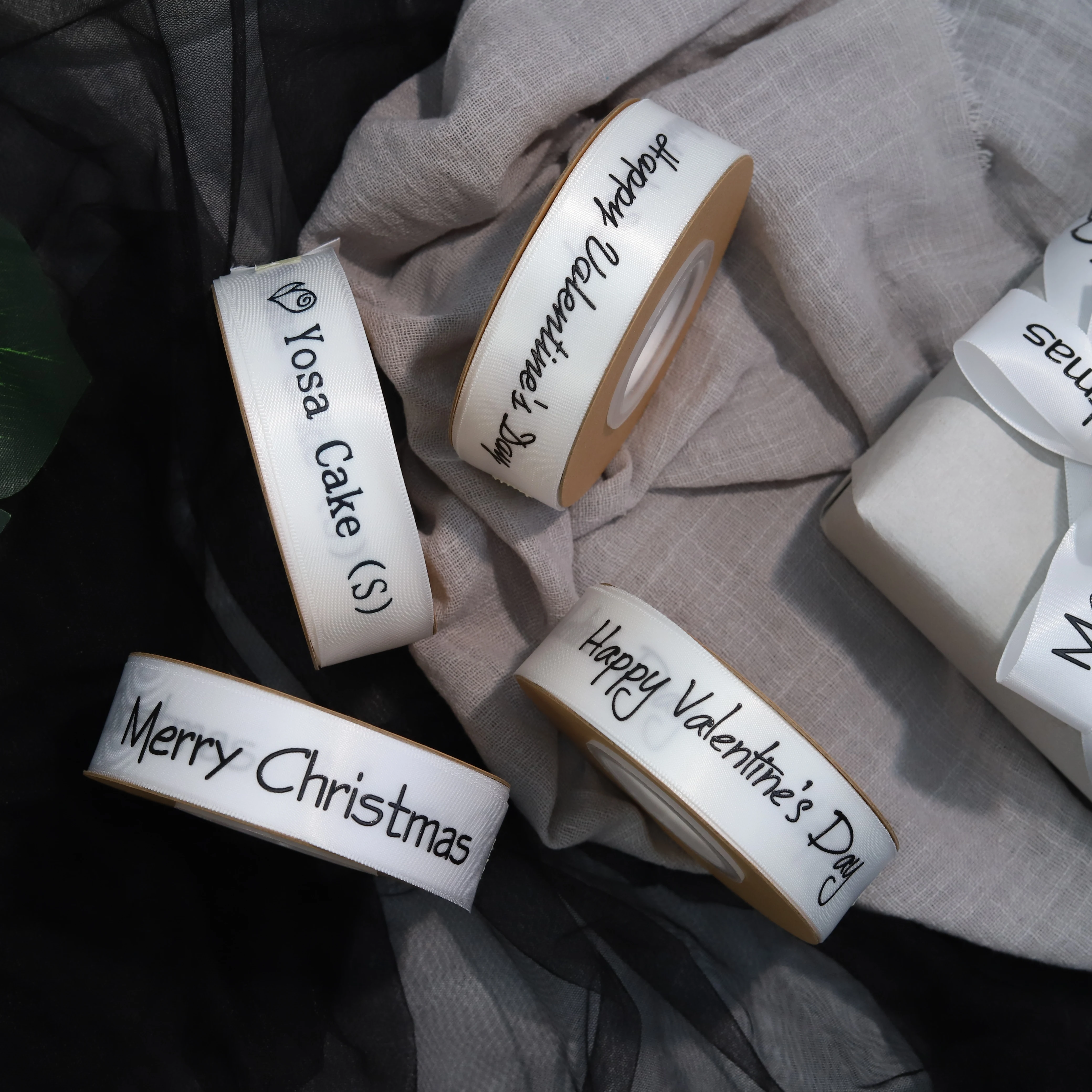 Personalized raise black logo  white satin ribbon 100 yard double face matt satin ribbon 19 mm manufacturer for package