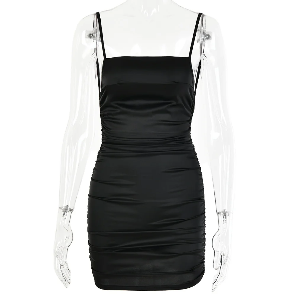 Spaghetti Party Dress Strap Mini Satin Dress Women Sexy Backless Cross Bandage Bodycon Pleated Stretch Short Club Dress