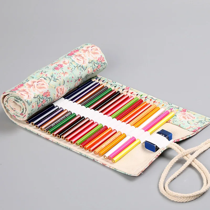 Canvas Floral Roll Color Sketch Pencil Cases with A Rope Tie Wholesale  MultI Holes Pens Storage Bags