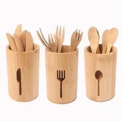 creative knife fork spoon chopsticks holder set bamboo round tableware Storage Rack Organizer with Optional knife fork and spoon
