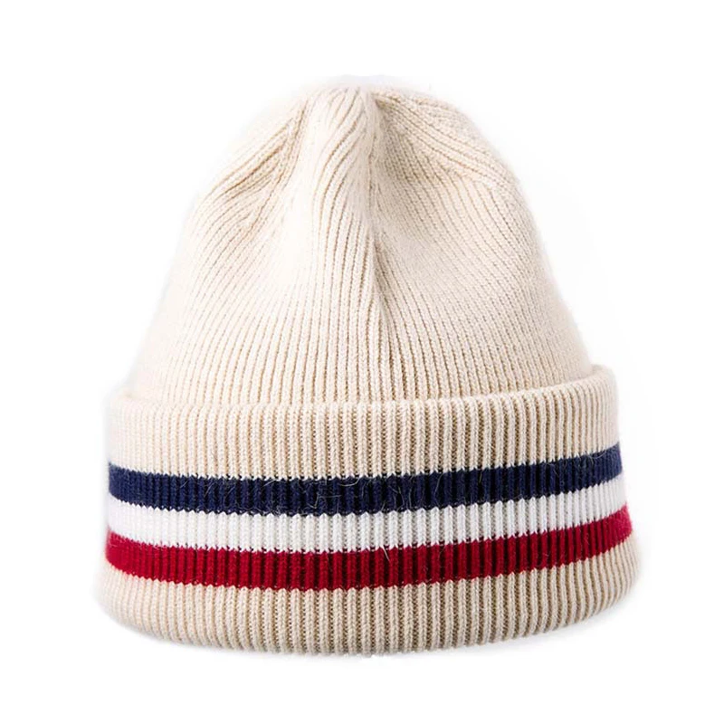 
Custom logo fisherman warm benaies fashion knit stripe embroidered winter white beanie hat 