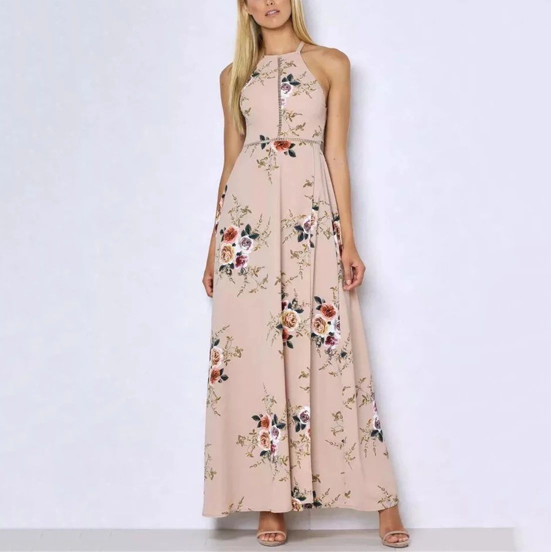 Ladies Open Back Long Skirt Silk Chiffon Casual Evening Dress O-neck Print Plus Size Dress