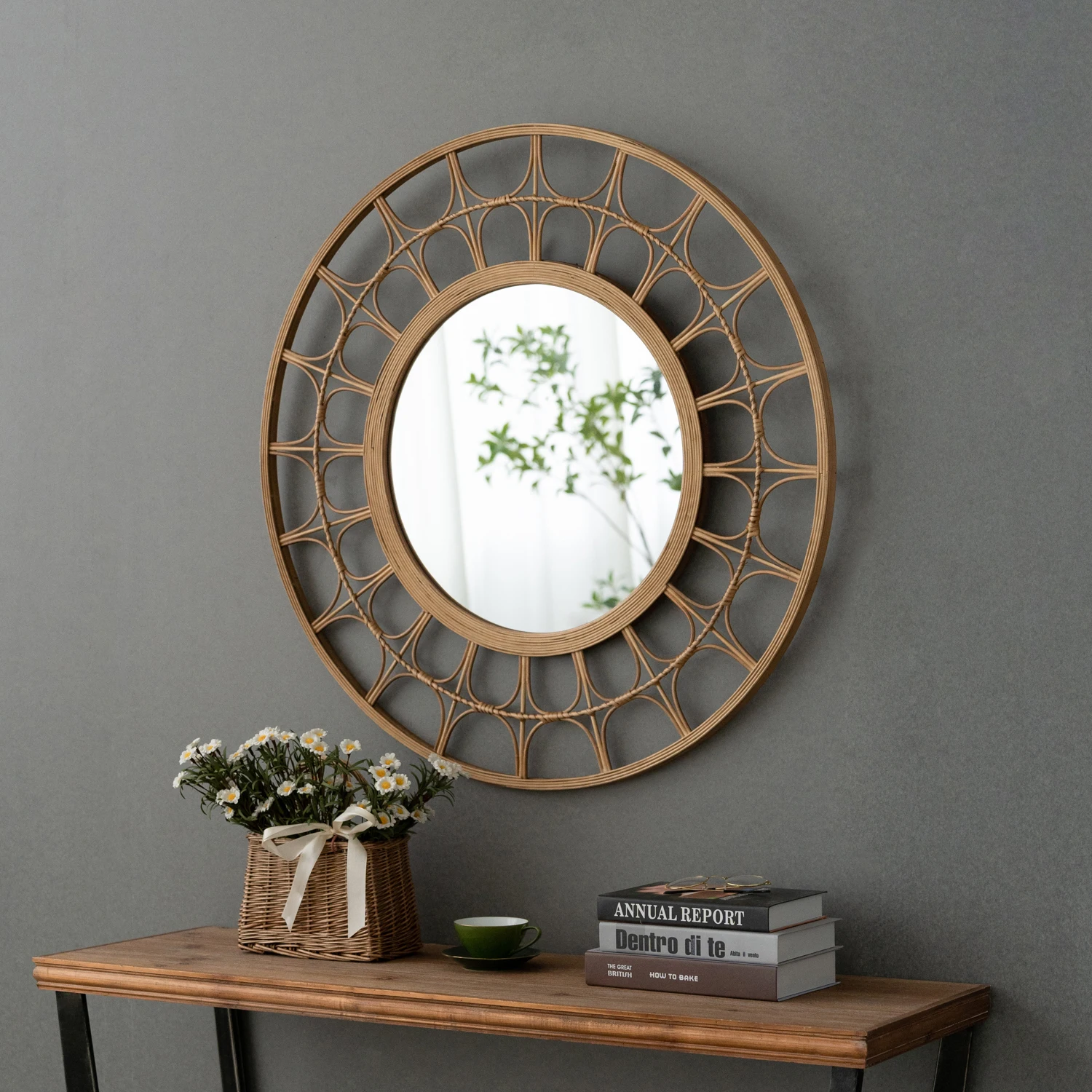 Embellished Round rattan Framed Starburst Wall Mirror Interior MOM Decoration Wall Mirror