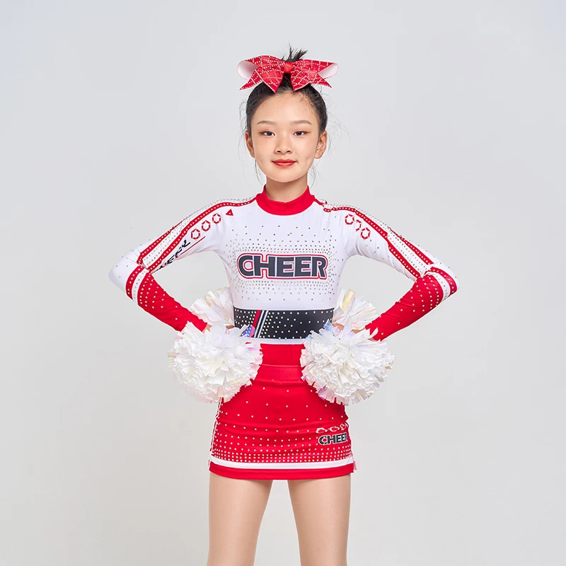 Factory Supplier Performance Bling Rhinestones White All Star Kids Dance Cheerleading Costume