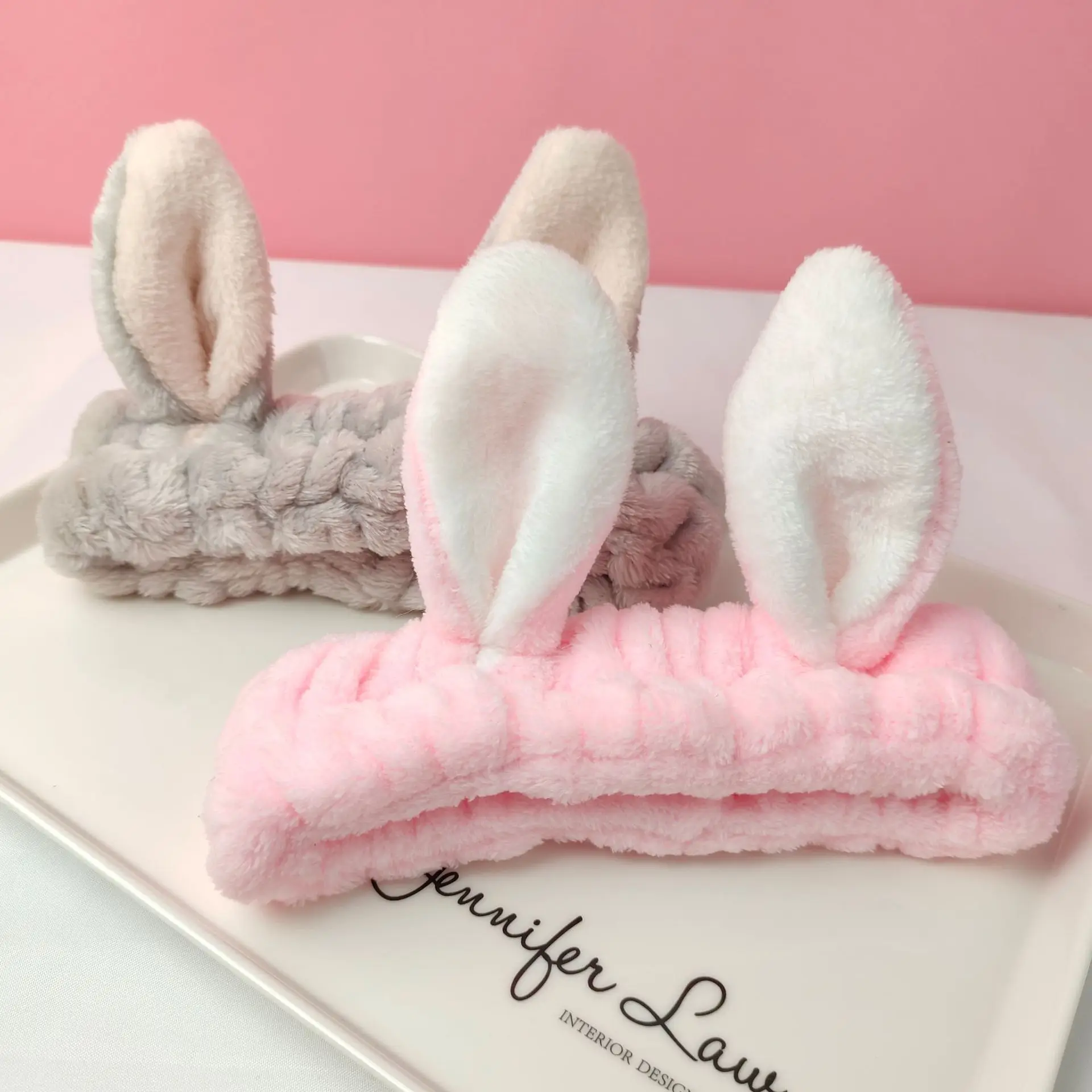 Customized rabbit ear elastic hairband bowknot wide make up headband face beauty headband