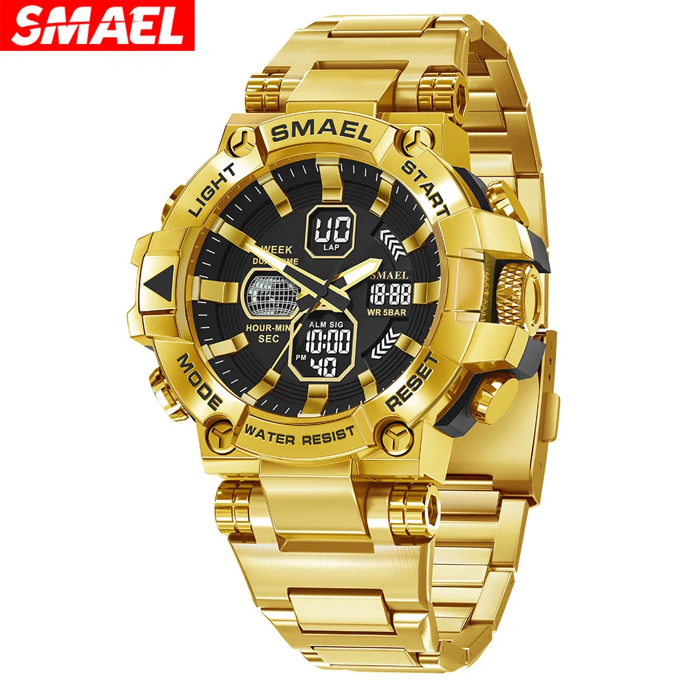 SMAEL 8096 New Sport Watch Stainless Steel Strap 8096 50M Waterproof Clock Alarm Dual Display Quartz Watches For Men