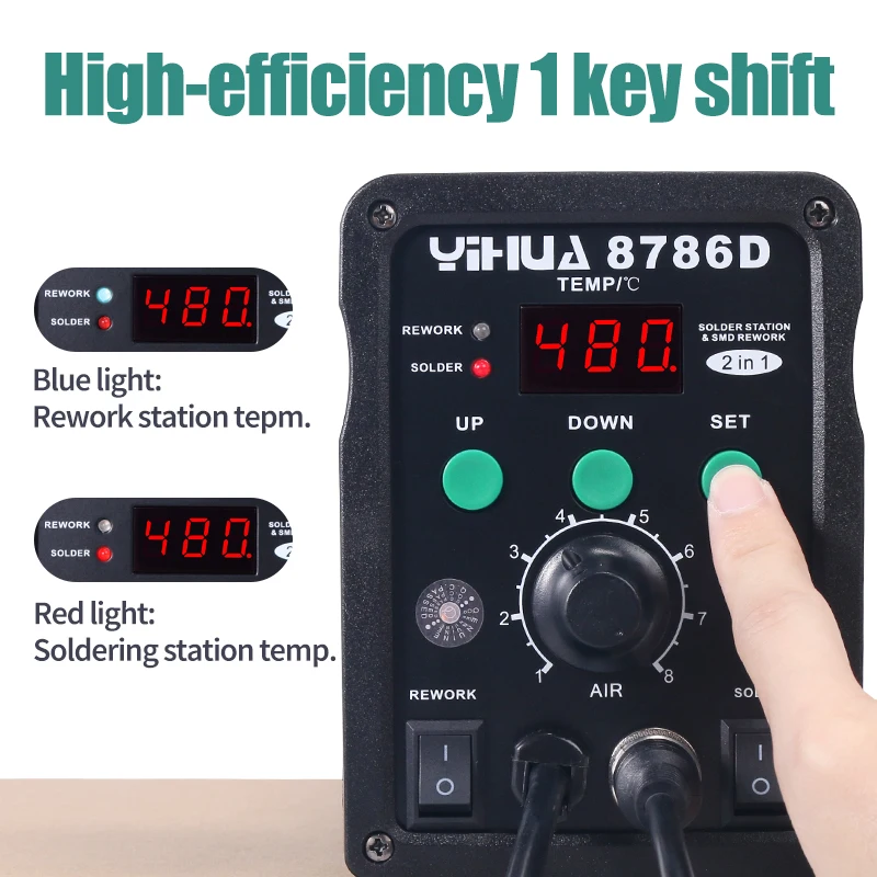 YIHUA 8786D SMD rework Soldering Station 740W 2 in 1 Digital Display Hot Air Gun Solder Iron