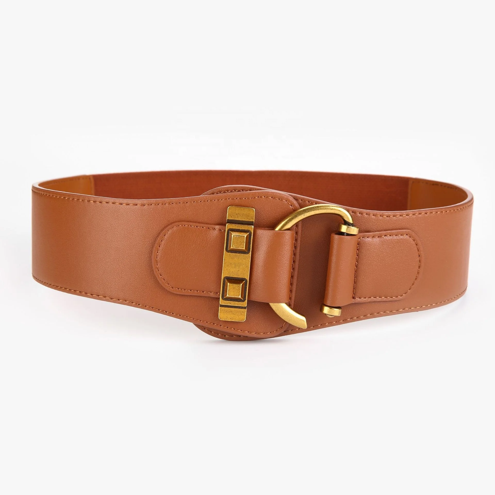 Vintage metal hook buckle wide fashion elastic waist leather belt for women corset matching dress