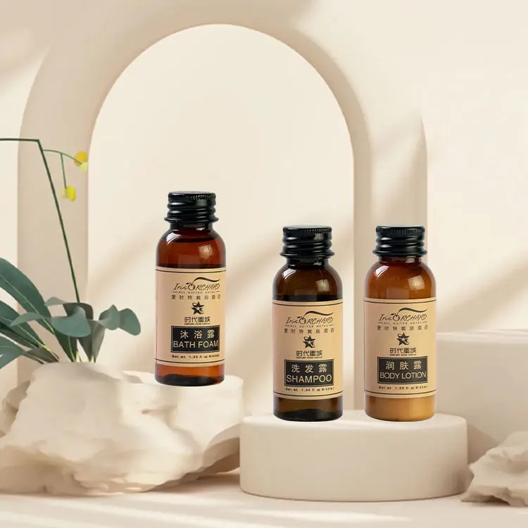 Custom private label hotel amenities toiletries set 40ML mini disposable shampoo and shower gel bath bottle supplies
