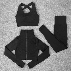 S-4XL Women Yoga Set 3Pcs Sports Seamless Gym Leggings Long Sleeve Crop Top Bra and Jacket Fitness Sportswear Tracksuit