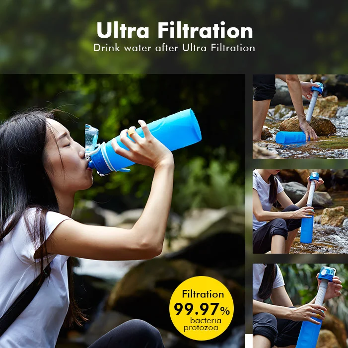 Best Outdoors Running Hiking Travel Carbon Filter Portable 1L Clear Container Silicone Collapsible Bottle Water Filter
