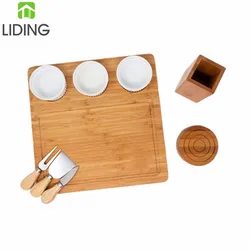Bamboo Cheese Board Set with Wine Coasters, Ceramic Bowls, Cheese Knives and Knife Holder