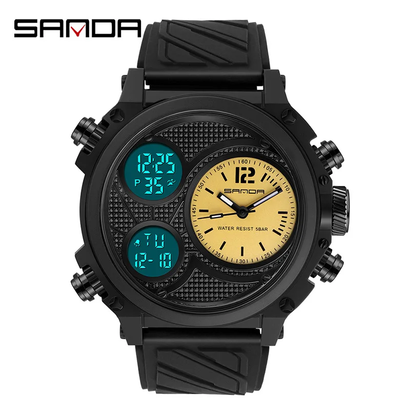 Newly sold sanda checkered black large dial 12/24 hour set time alarm clock classic digital watch men creativity