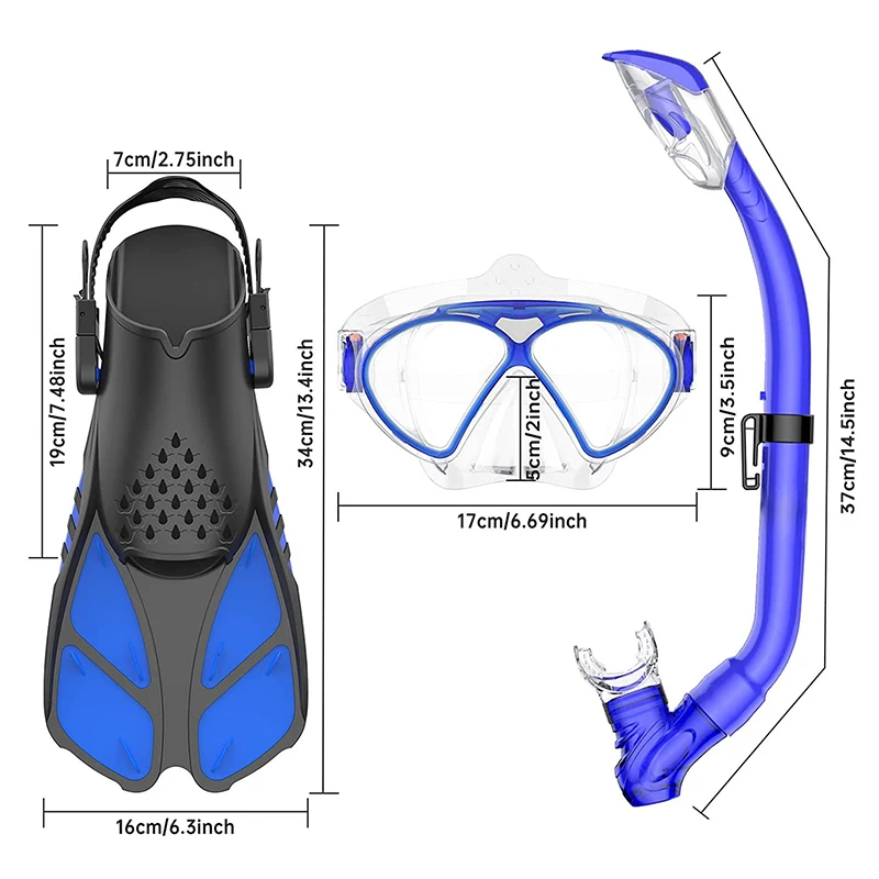 3 Pcs Snorkel Set Luminous Diving Goggles Snorkeling Diving Set Anti-Fog Anti-Leak Kids Diving Mask Kit With Freediving fins