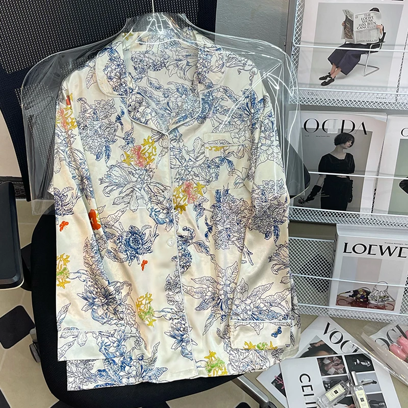 Light Luxury Spring and Summer New Silky Pajamas Women Monet Flowers Senior Sense of Long-sleeved Cardigan Temperament Homewear