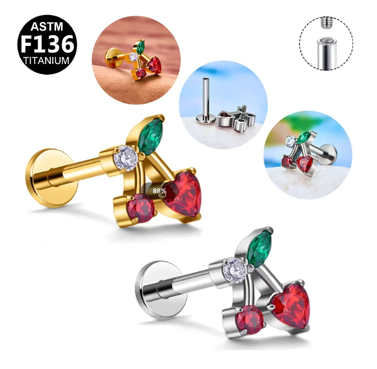 Getta ASTM F136 titanium lip ring  internal thread cute cherry cartilage earring helix piercing jewelry  for women wholesale