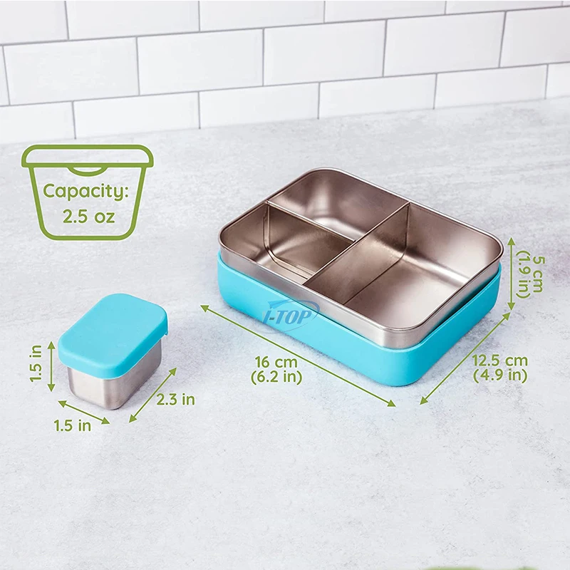 Custom Small Leakproof 304 Stainless Steel Food Containers for School Kids Rectangle Metal Lunch Boxes Bento with Silicone Lid