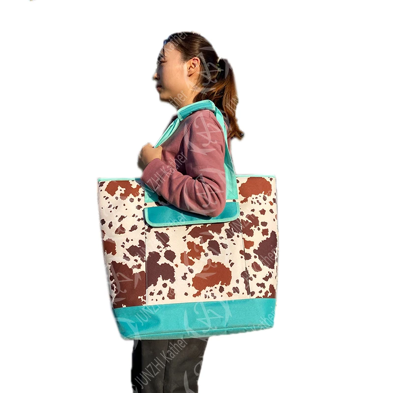JUNZHI KATHERINE Canvas Serape Cooler Cow Hide Tote Bag