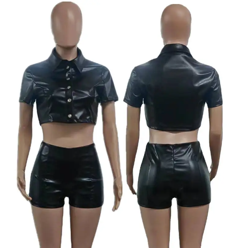 Summer 2024 Two Piece Set women Clothing Sexy Club PU Leather Two Piece Outfits Set Ladies Short Sleeve Tops Shorts Set 2 Piece