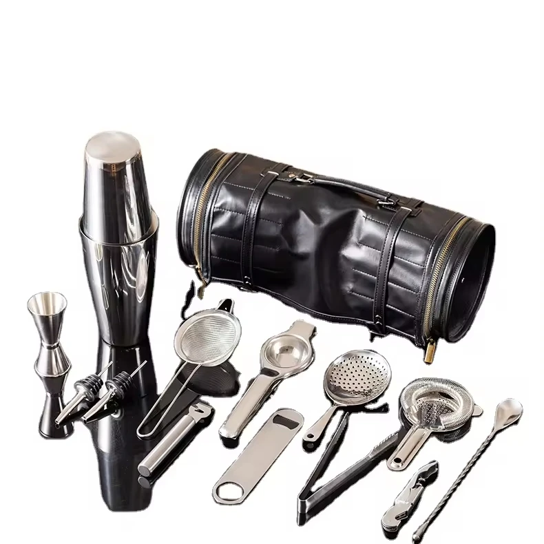MCSS  Direct Customizable Bamboo Wood Stand Kit Bartender Barware Tools 700ml Cocktail Shaker Stainless Steel Bar Set