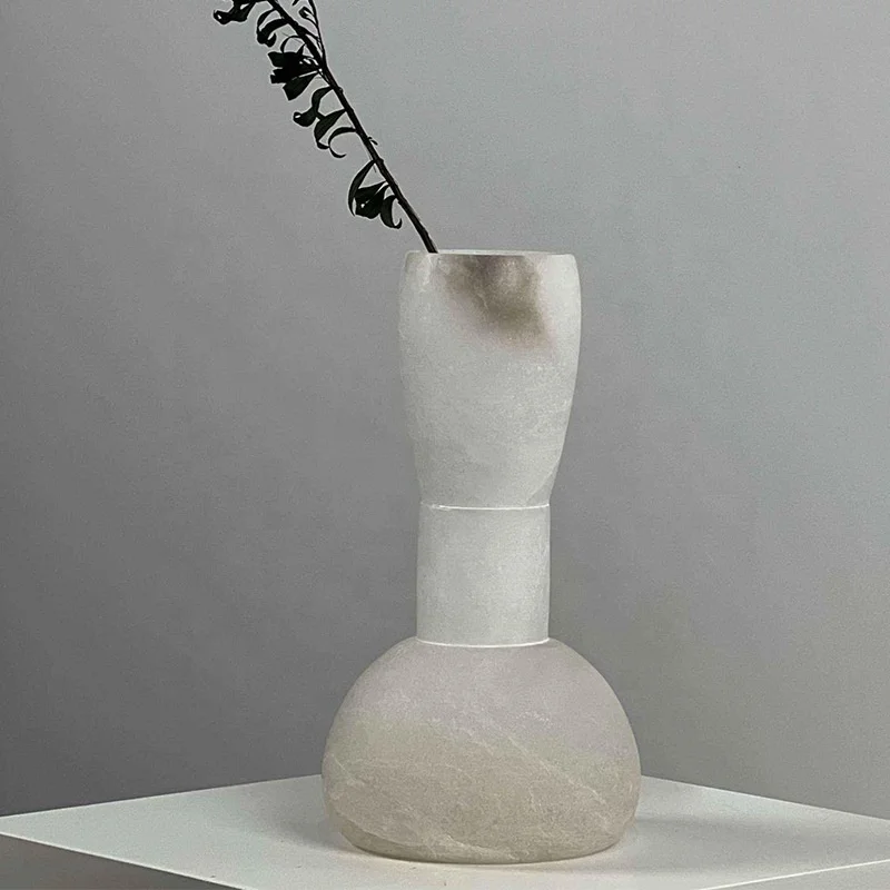 stonekocc Spanish Alabaster White Marble Decorative Vessels High-grade Flower Arrangement Living Room Hotel Vase Crafts