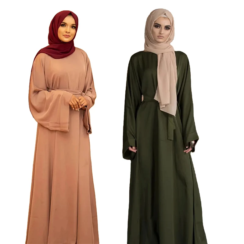 Solid Color Islamic Clothing Crew Neck Turkish Kaftan Dubai Abaya Long Maxi Women Muslim Dress With Belt