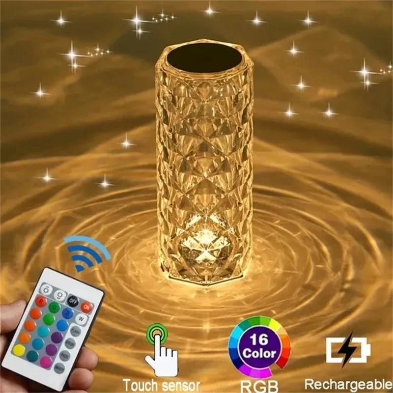 16 Color RGB Remote Control Crystal Rose Lamp Acrylic Crystal Desk Lamp Led Rechargeable Touch Table Lamp Decorative Night Light