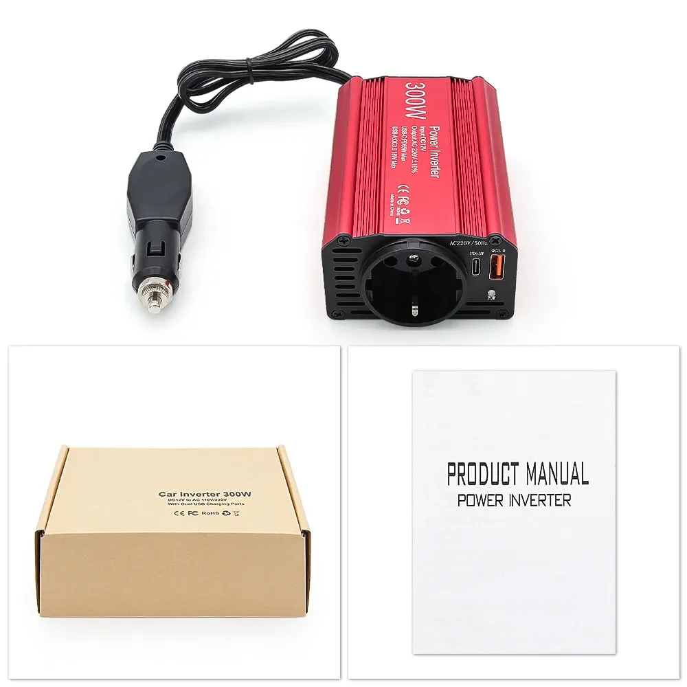 Inverter 300W Power EU Socket DC12V to AC 220V/110V Output USBQC3.0+PD65W Fast Charging Vehicle Inverter