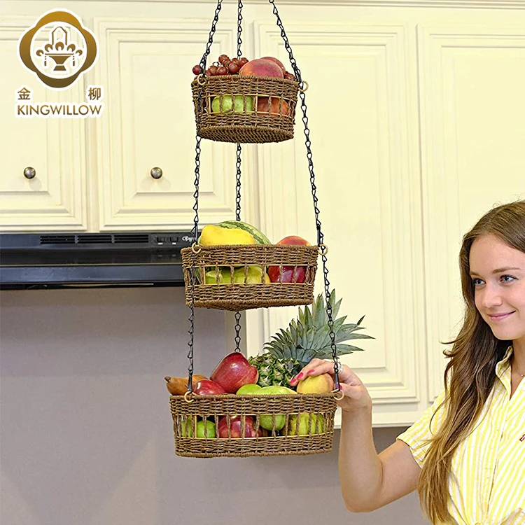 Kingwillow домашний сад забор тканый завод цветок на стену из бумажной ленты тканые 3 яруса кружевных подвесная корзина для фруктов с одной главной балкой с крючком
