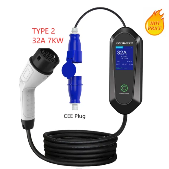 CEE 3 Pin Plug Type 2 EV Charger,Adjustable Amperage with Controllable Digital Screen-Electric Vehicle Motor home Charging Cable